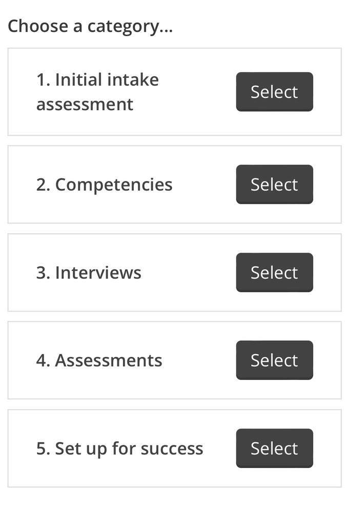 List of options each with a black button labelled ‘select’ to the right of the option